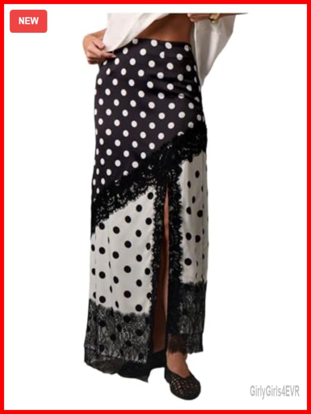 Lace Polka Dots Maxi Skirt High Rise Slit Straight Casual Fall